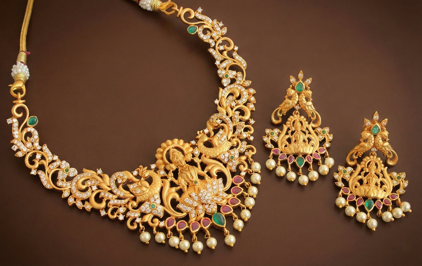 Matte finish ruby-green pearl lakshmi necklace set DJ28426