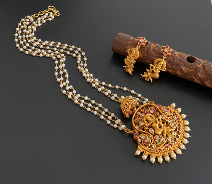 Matte finish real kemp-green krishna pendant pearl necklace set dj-55004