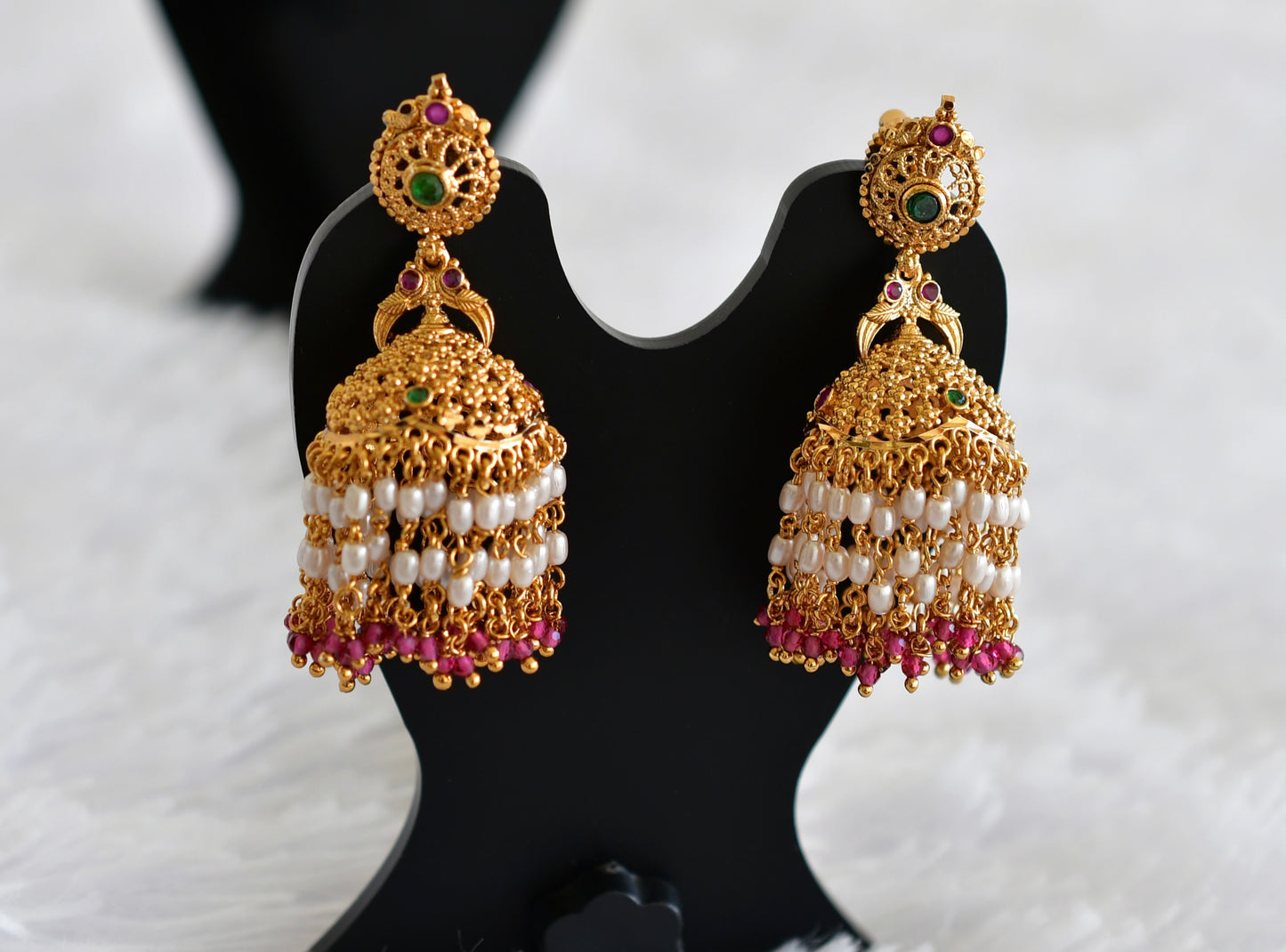Antique gold tone ruby-green beaded peacock jhumkka dj-52162
