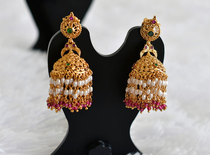 Antique gold tone ruby-green beaded peacock jhumkka dj-52162