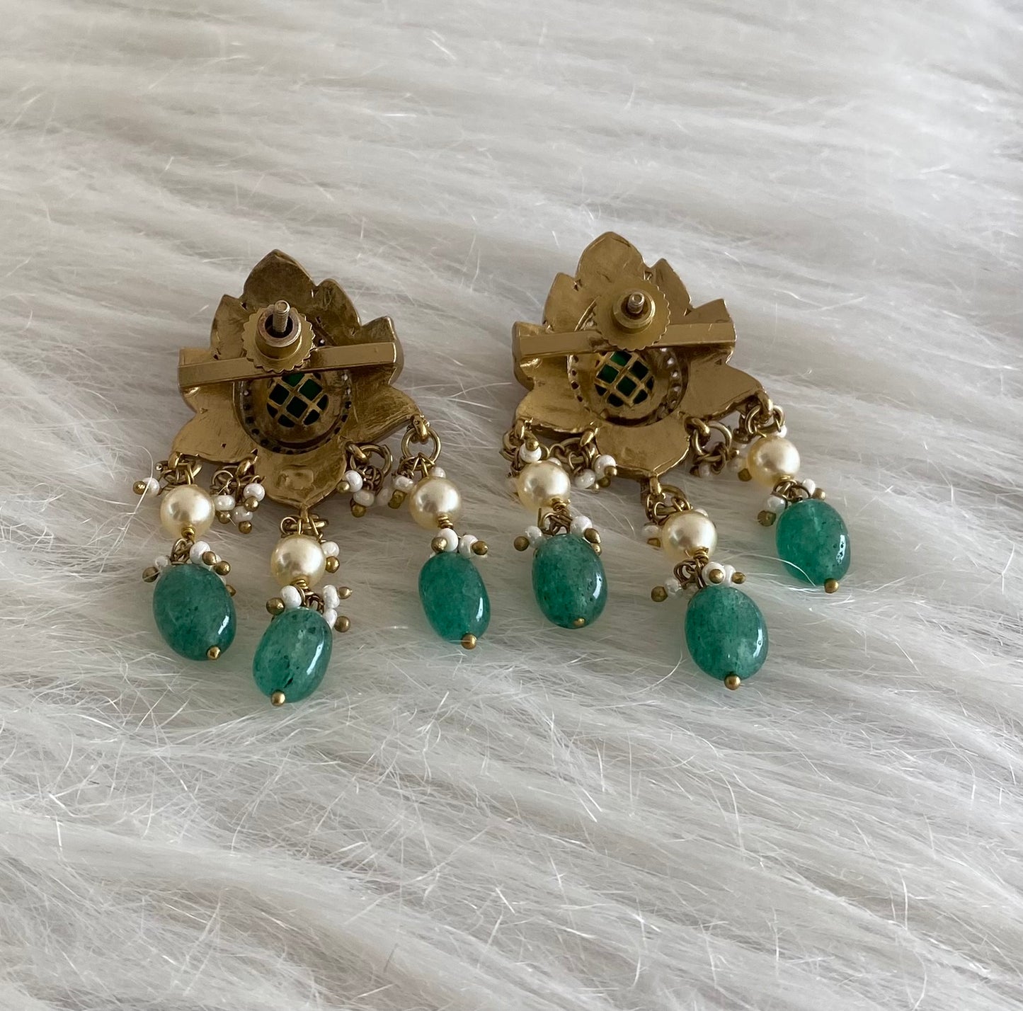Antique gold tone pink-green-white kundan jadau green beaded stud/earrings dj-54577