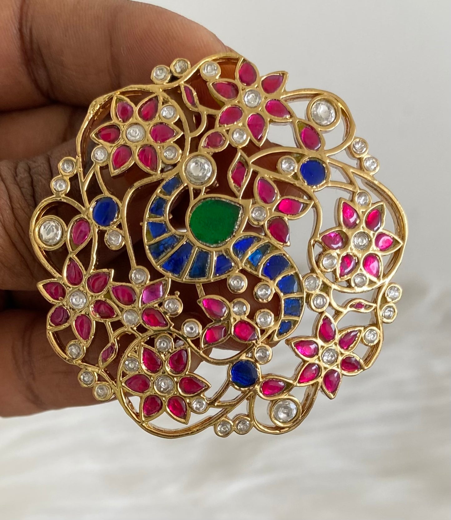 Gold tone navaratna kundan jadau peacock flower pendant dj-53846