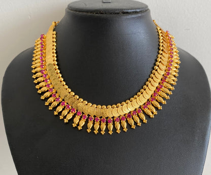 Gold tone kerala style pink stone lakshmi coin necklace dj-54135