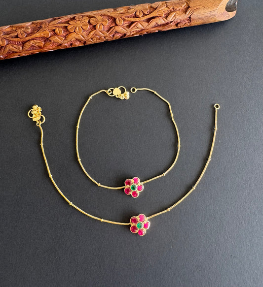 Gold tone pink-green flower kundan jadau anklets dj-51409