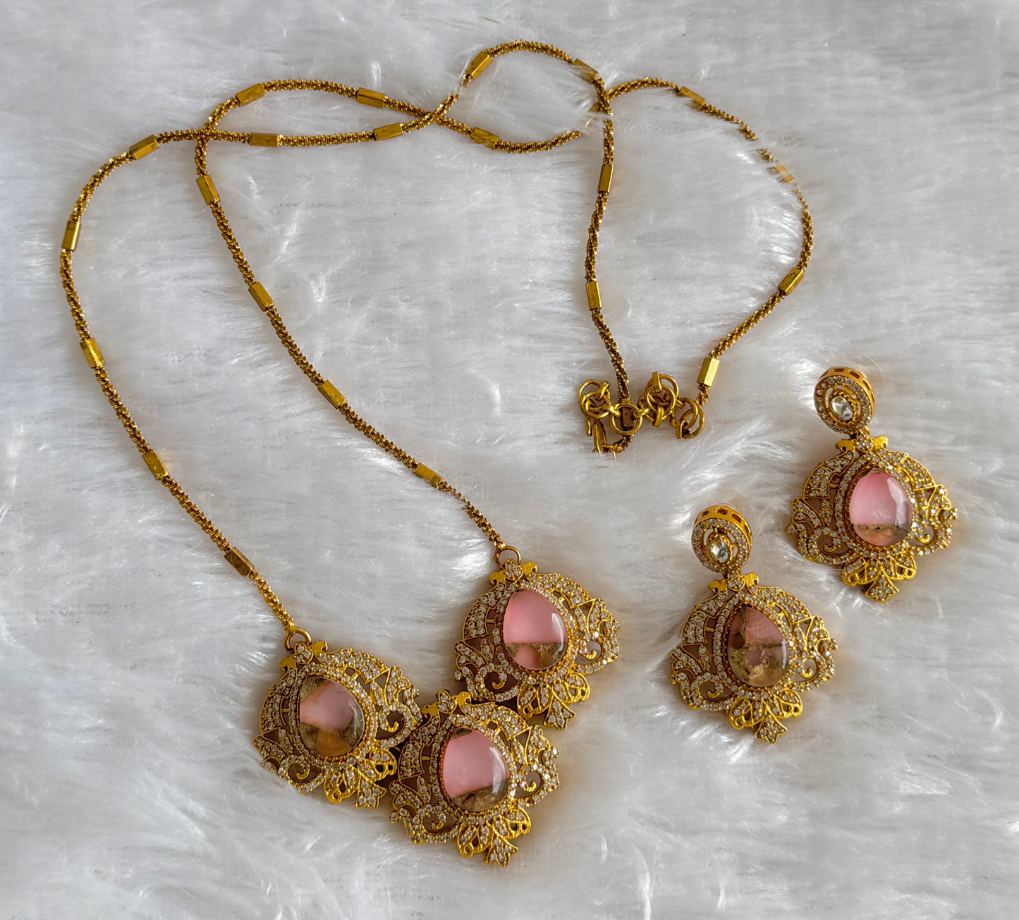 Antique gold tone baby pink-gold fire-stone long chain set dj-51096