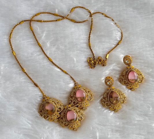 Antique gold tone baby pink-gold fire-stone long chain set dj-51096