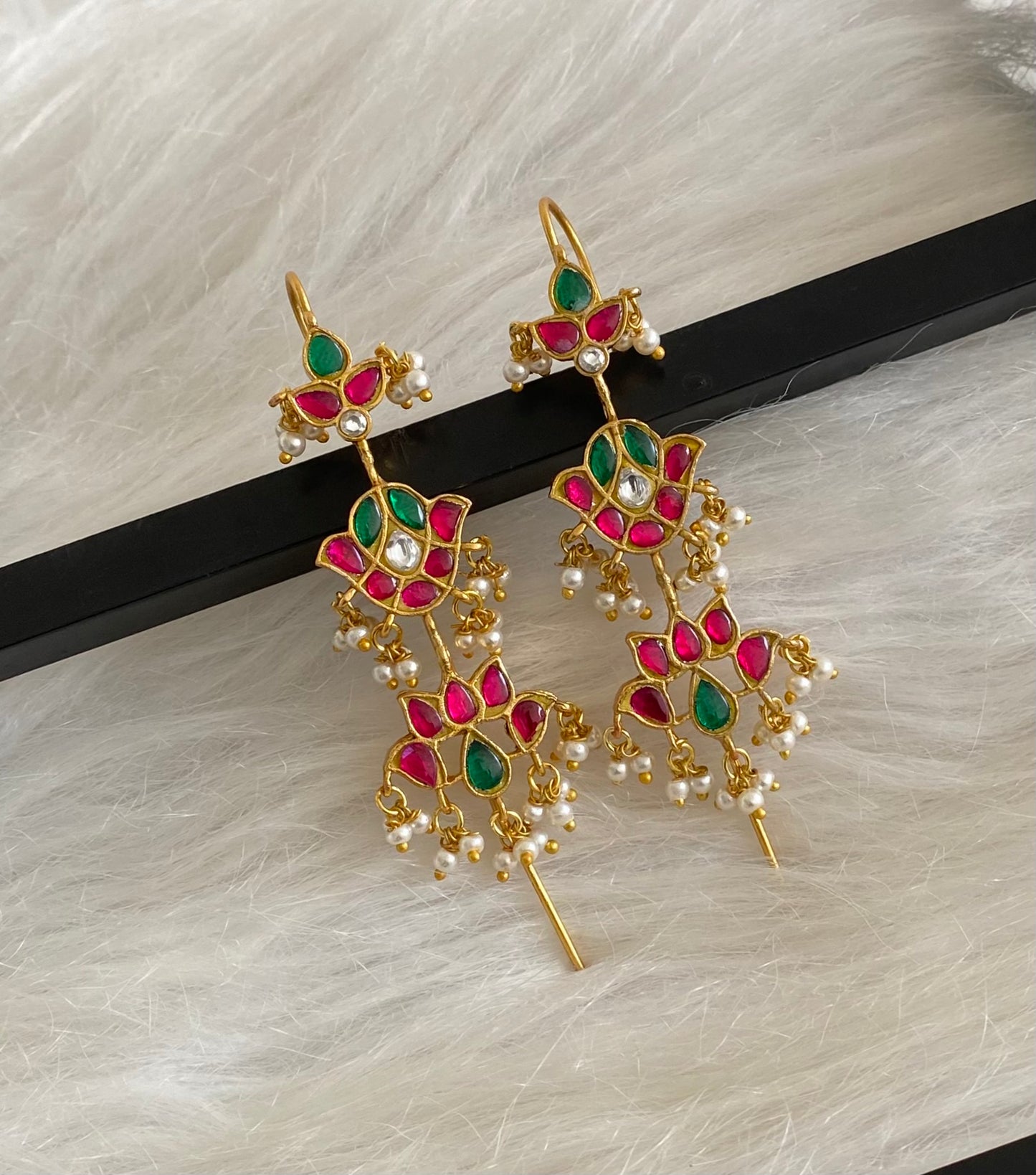 Gold tone pink-green-white kundan jadau lotus bugadi needle earrings dj-54594