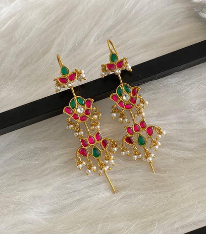 Gold tone pink-green-white kundan jadau lotus bugadi needle earrings dj-54594