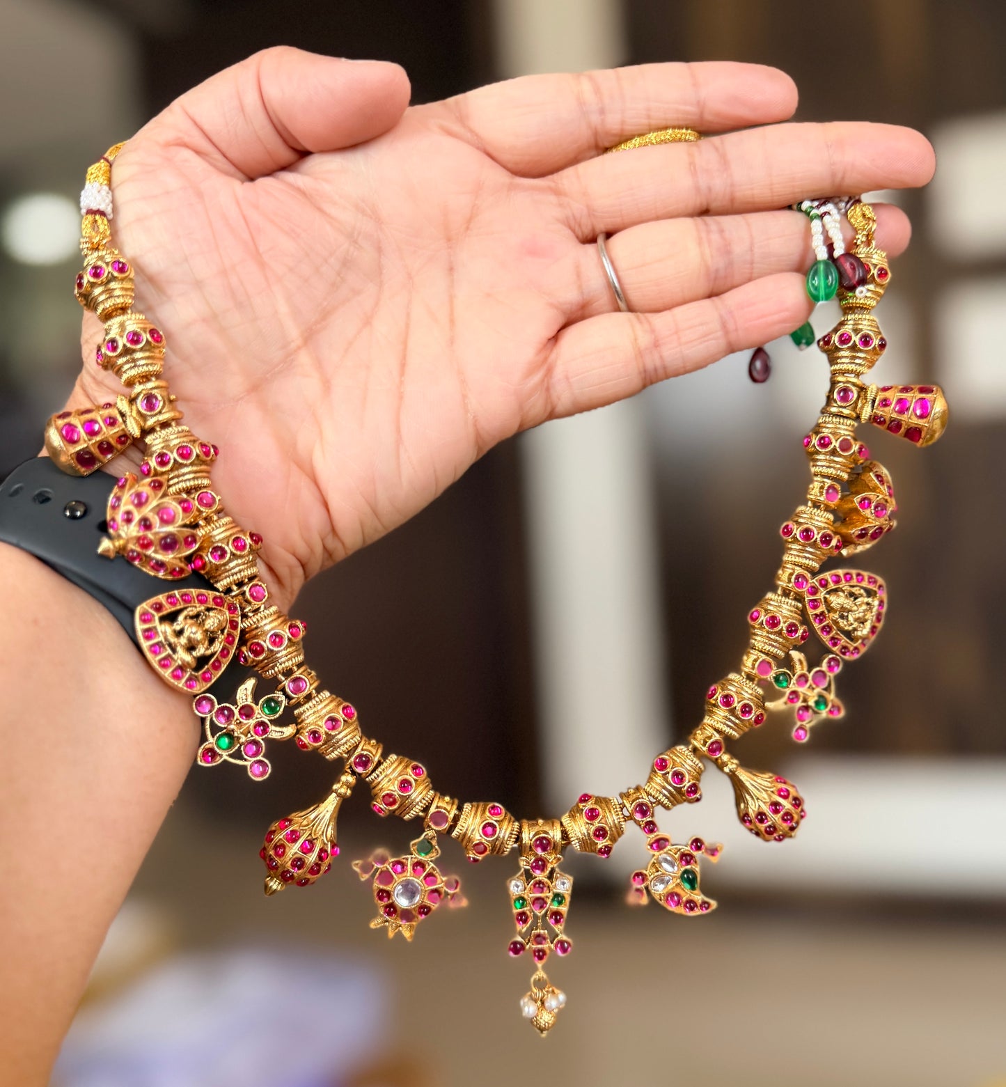 Antique gold tone Shri Thirumal nama kundan jadau necklace set dj-53239