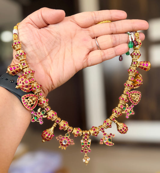 Gold tone shri thirumal nama kundan jadau necklace set dj-53239