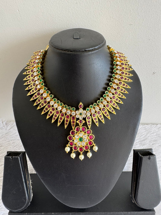 Gold tone precious kemp-green-white pearl mulla mottu big necklace dj-52259