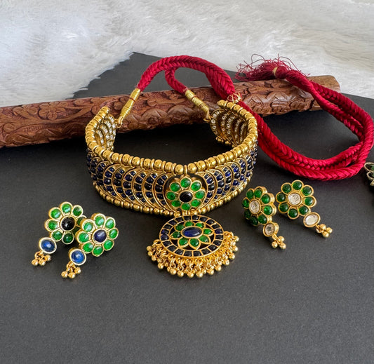 Matte finish green-blue-white flower reversible choker set dj-52144