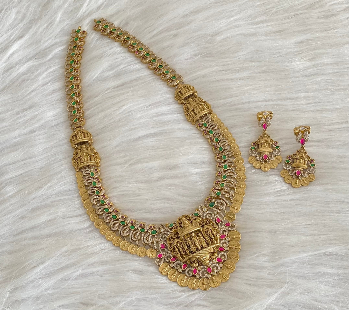 Antique gold tone pink-green-white peacock ram parivar haar set dj-54605