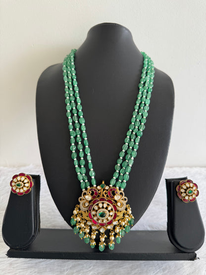 Matte finish pink-green-white kundan jadau green beaded peacock haar set dj-52234