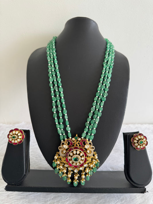 Matte finish pink-green-white kundan jadau green beaded peacock haar set dj-52234