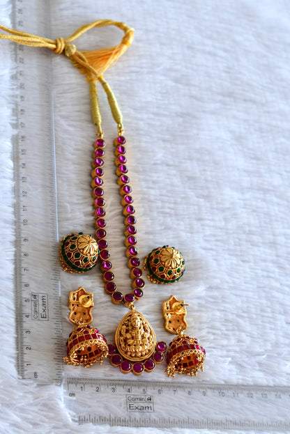 Matte finish kemp-green reversible Lakshmi necklace set dj-52412