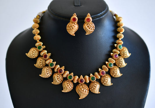 Antique gold tone kemp-green nakshi mango necklace set dj-52738