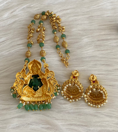 Antique gold tone beaded chain with green stone ganesha pendant set dj-55120