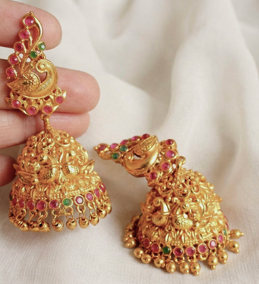 Matte finish ruby-emerald peacock jhumkka DJ18101