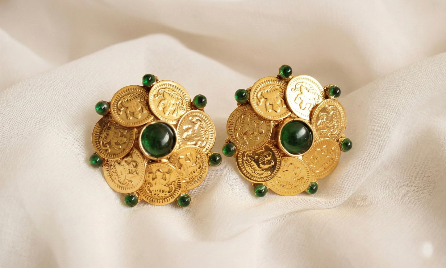 Antique gold tone Green Lakshmi Coin stud/Earrings - DJ17021