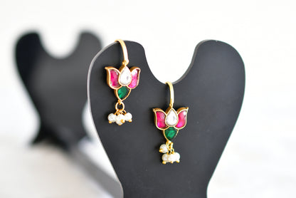 Gold tone pink-green kundan jadau lotus bugadi earrings dj-52470