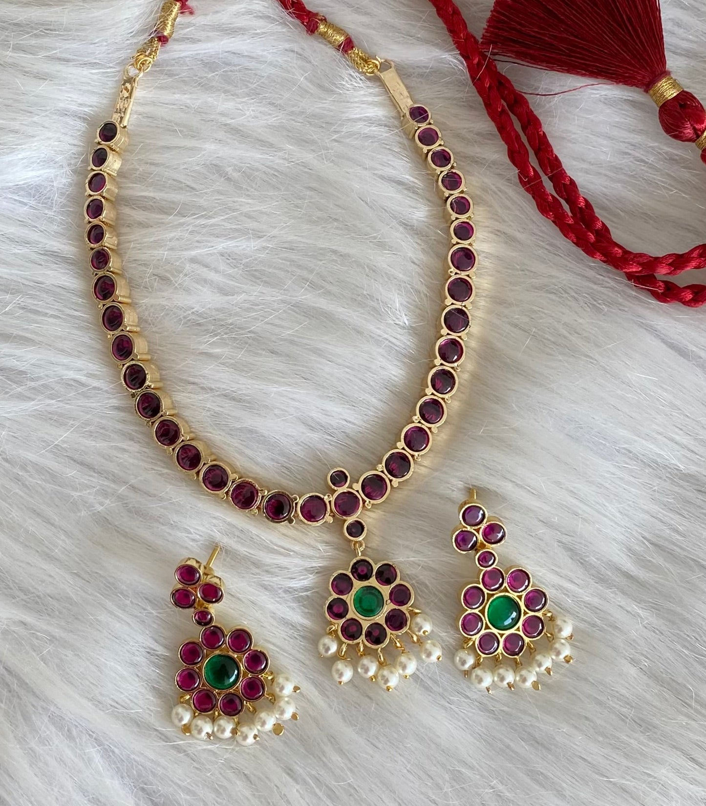 Gold tone precious kemp-green pearl flower necklace set dj-53937