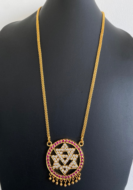 Gold tone 24 inches chain with AD pink-white chakram pendant dj-53263