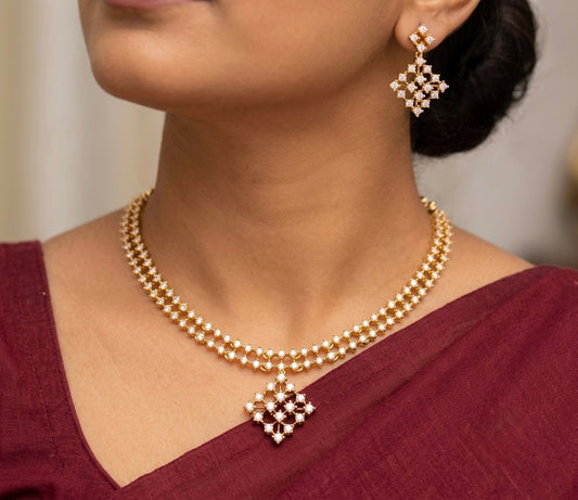 Gold tone cz white stone necklace set dj-54342