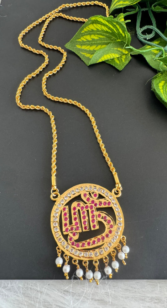 Gold tone 24 inches chain with AD pink Tamil Sree pendant dj-51194