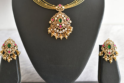 Antique gold tone pink-green kundan jadau kante necklace set dj-52421