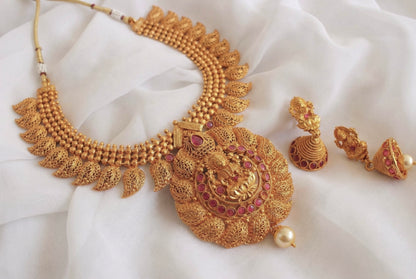 Matte finish ruby mango lakshmi necklace set-dj11024