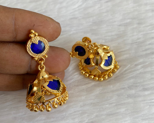 Gold tone kerala style blue 3 petals of palakka jhumkka dj-53127