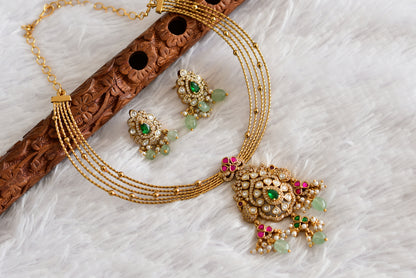 Antique gold tone pink-green kundan jadau kante necklace set dj-52424