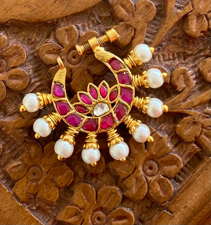 Gold tone kundan jadau pink-white stone pearl nose pin dj-53715