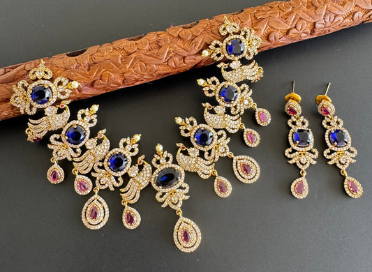 Antique gold tone cz blue-pink peacock necklace set dj-51200