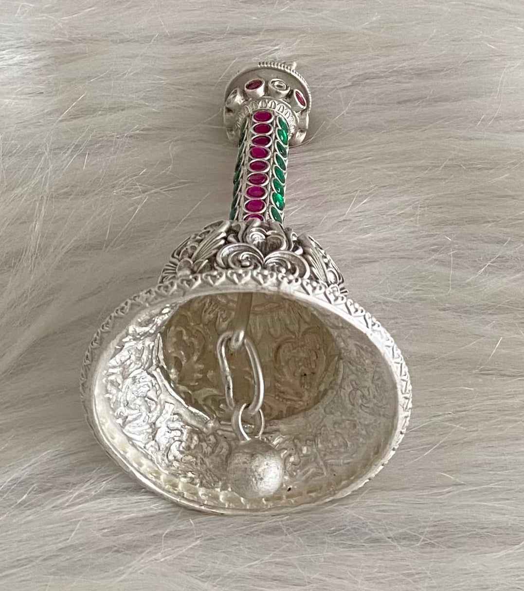 Silver tone pink-green stone shri nandhi bell dj-54231