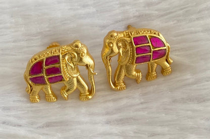 Gold tone pink kundan jadau elephant earrings dj-53533