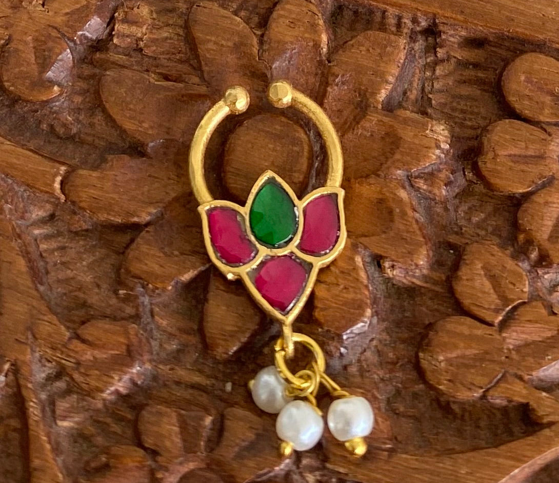 Gold tone kundan jadau pink-green stone lotus pearl nose pin/bulakku dj-53791