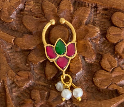 Gold tone kundan jadau pink-green stone lotus pearl nose pin/bulakku dj-53791