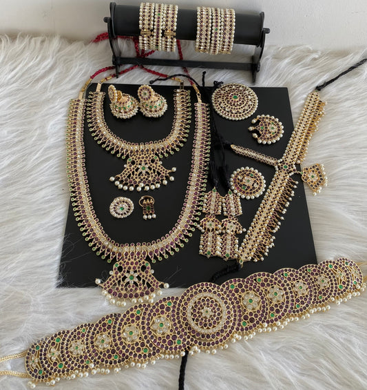 Gold tone precious kemp-green-white pearl peacock bridal set dj-53965