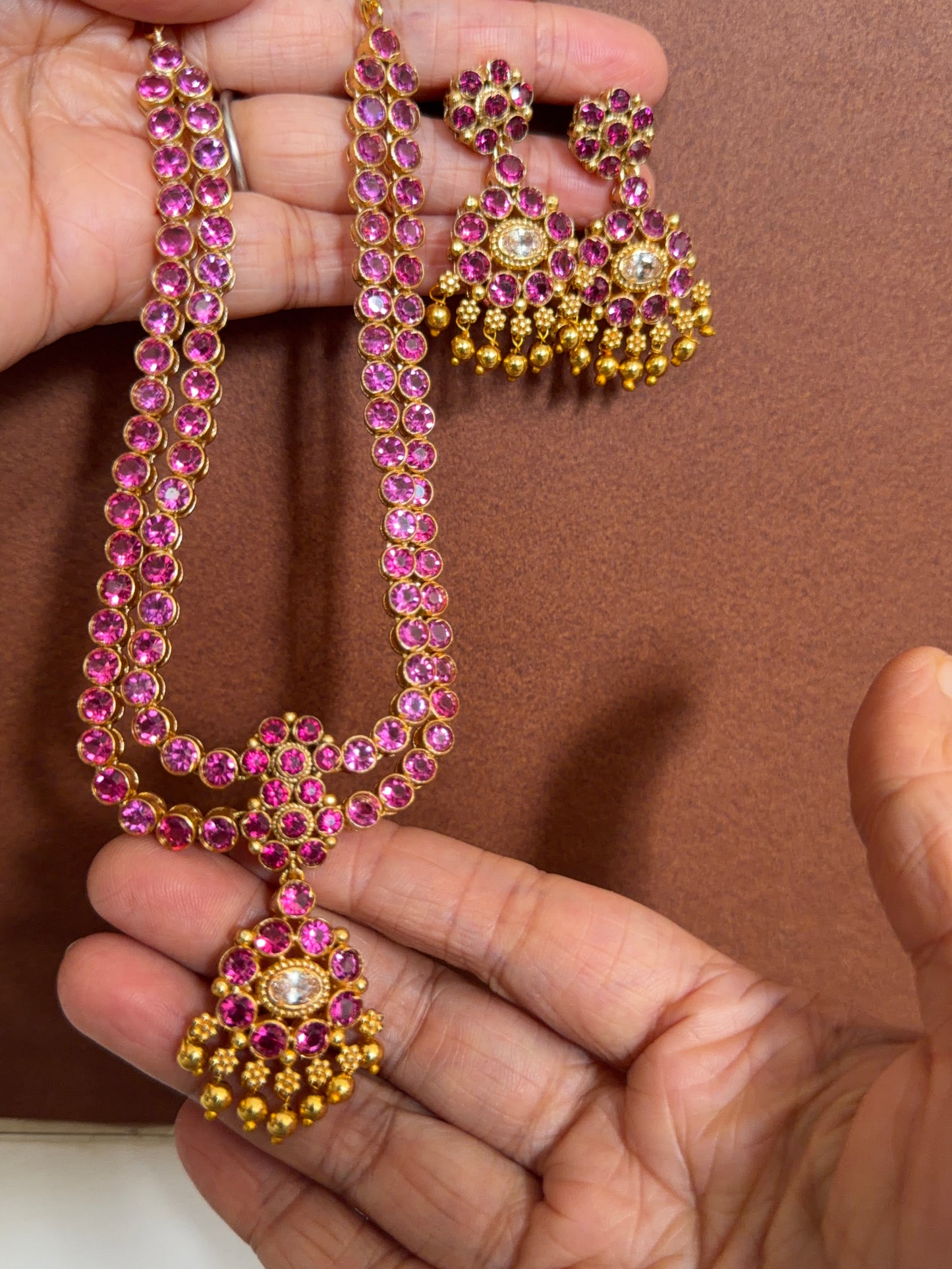 Matte finish pink-white double layer attigai/necklace set dj-54167