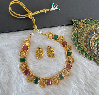 Antique gold tone block ruby-green stone flower necklace set dj-52099