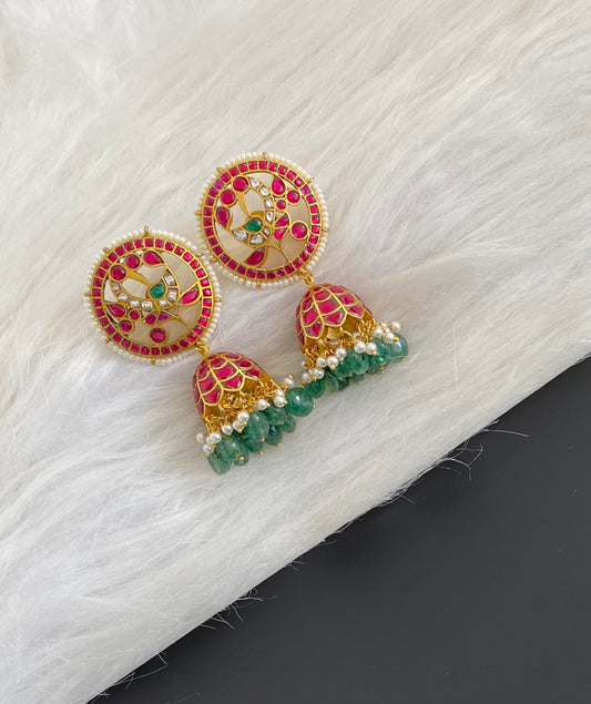 Gold tone pink-green-white kundan jadau green beaded big round peacock jhumkka dj-51509
