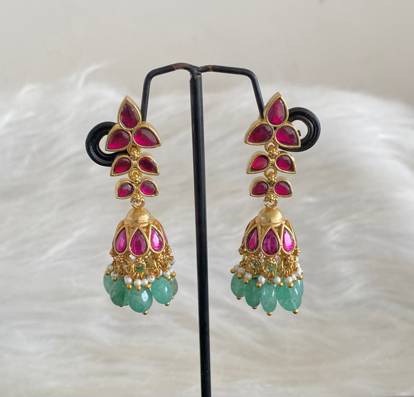 Gold tone kemp stone kundan jadau green beaded jhumkka  dj-54587