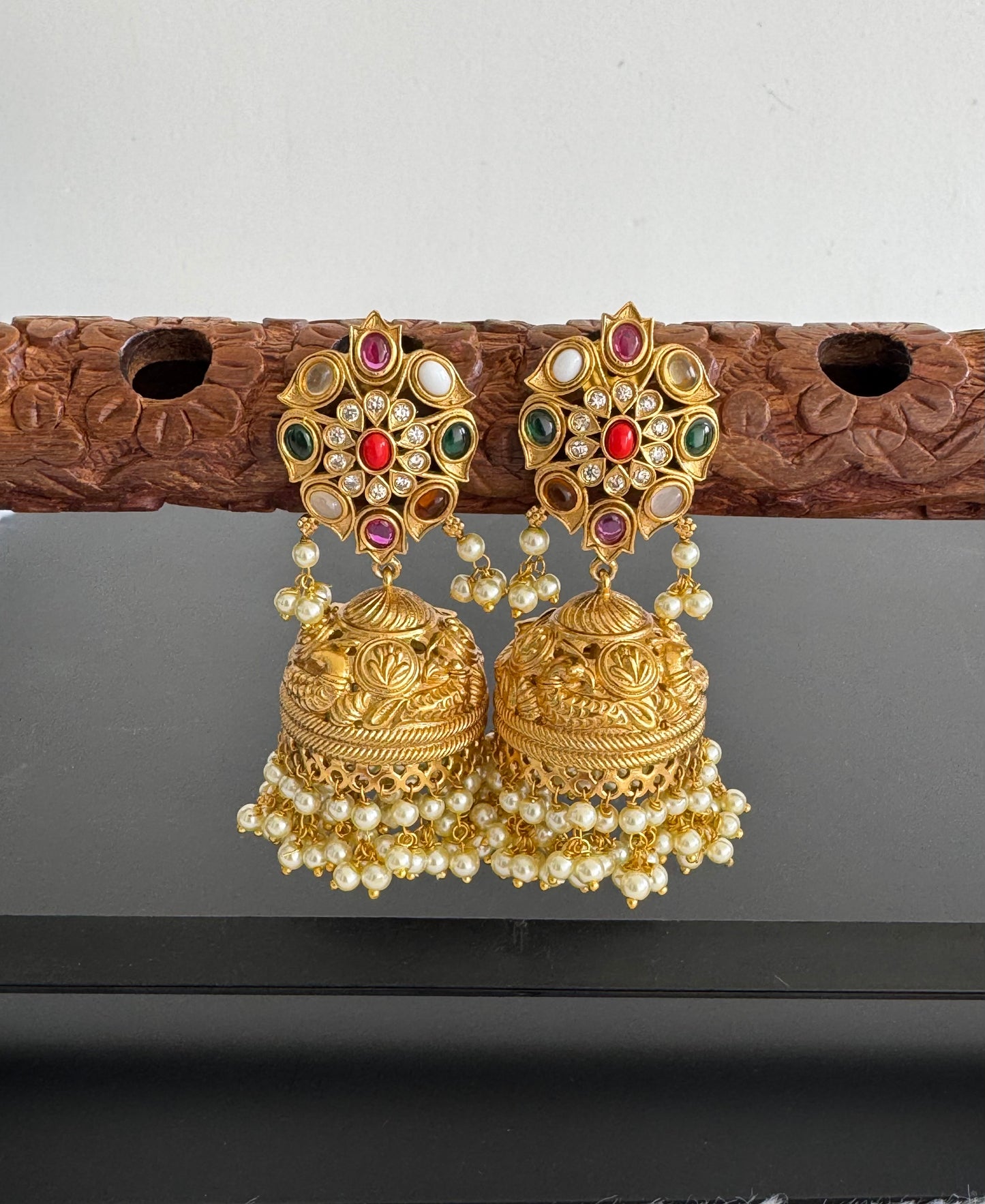 Matte finish cz white pearl cluster navarathna stone peacock jhumkka dj-47677