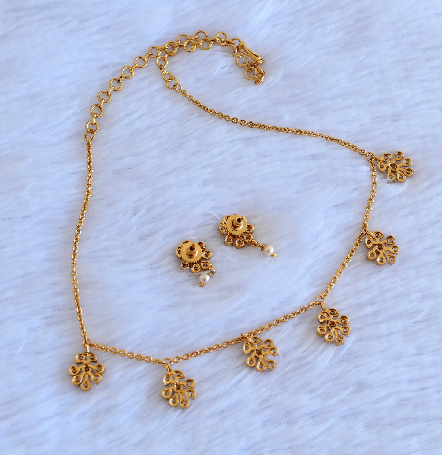 Antique gold tone cz white flower necklace set dj-52728