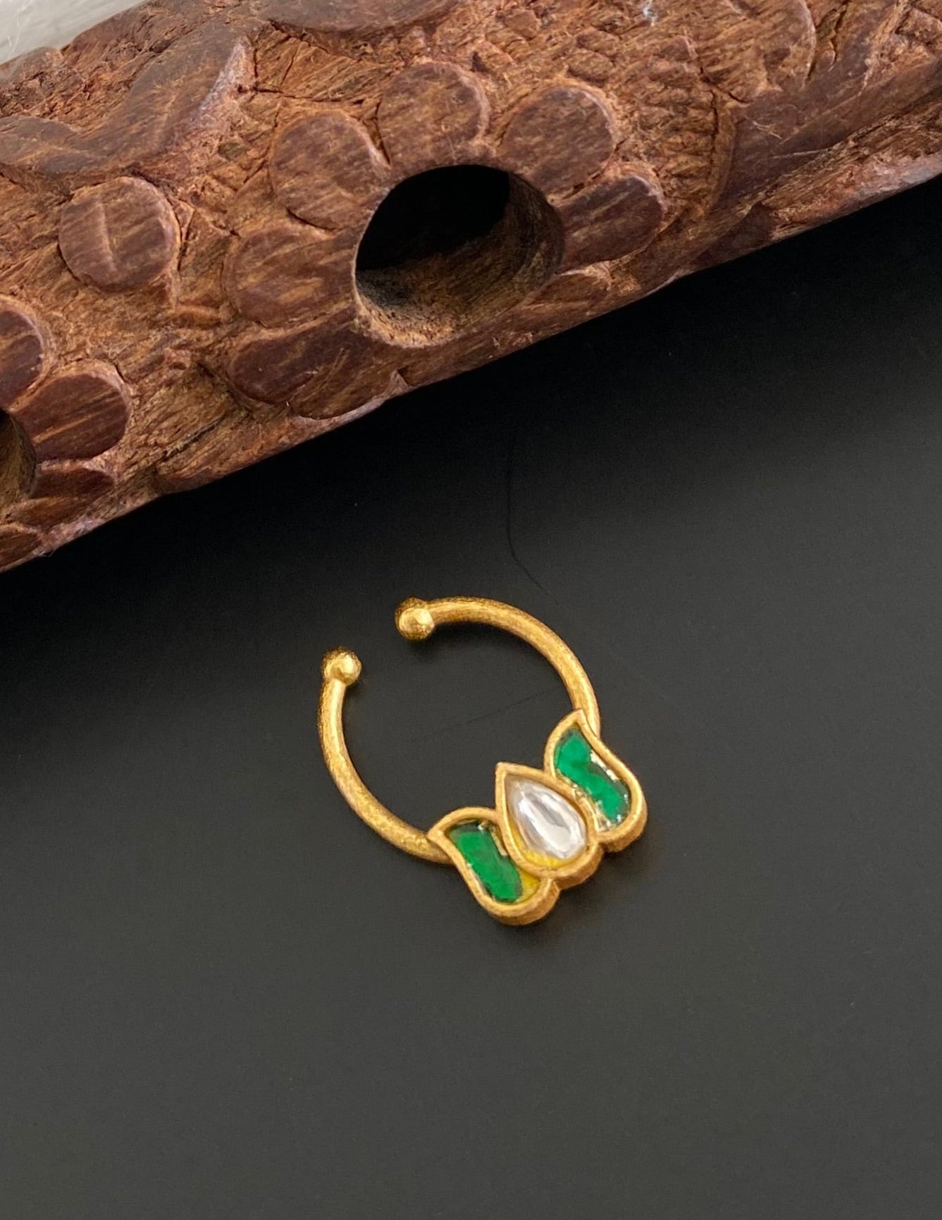 Gold tone kundan jadau green-white stone lotus nose pin/bulakku dj-53754