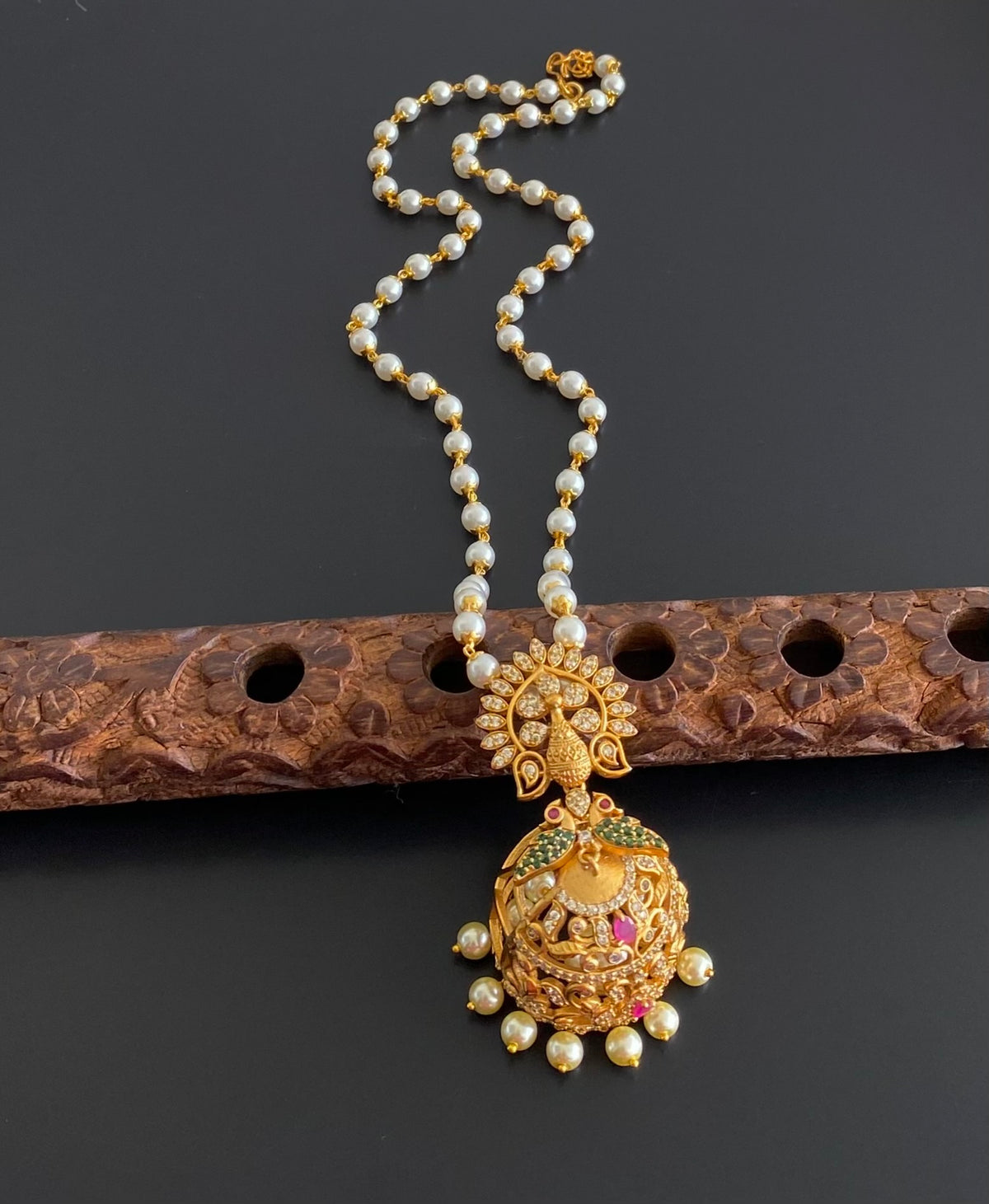 Antique gold tone ruby-green-white peacock jhumkka pendant with pearl chain dj-55088