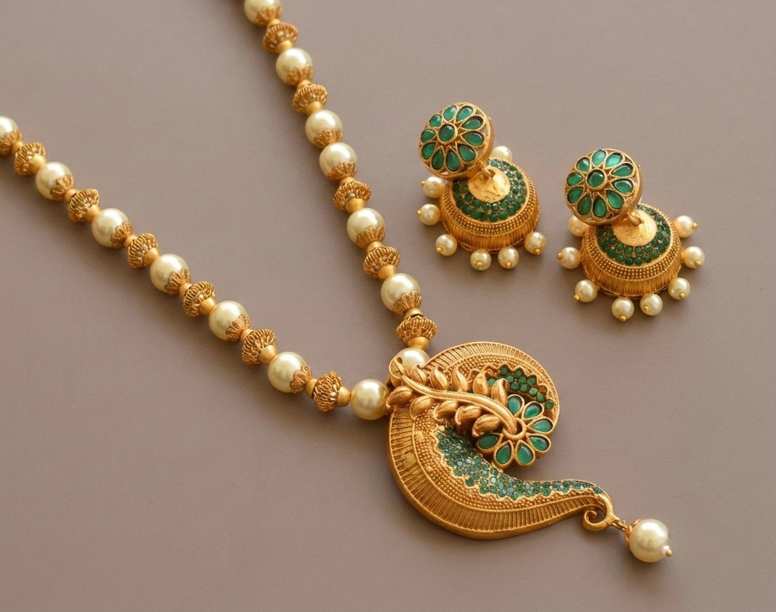 Matte finish emerald pearl beaded necklace set dj-07123