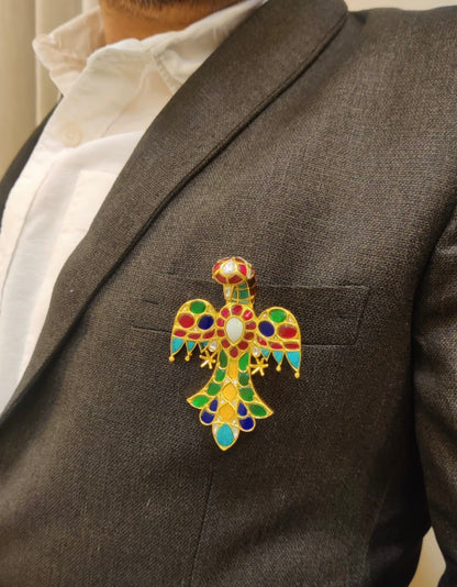Matte finish Navarathna kundan jadau bird brooch dj-52642